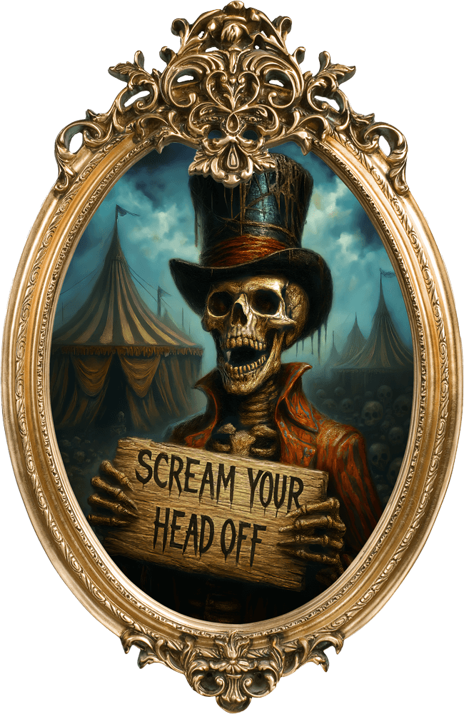 Scream Your Head Off skeleton in a frame Scream Your Head Off skeleton in a frame