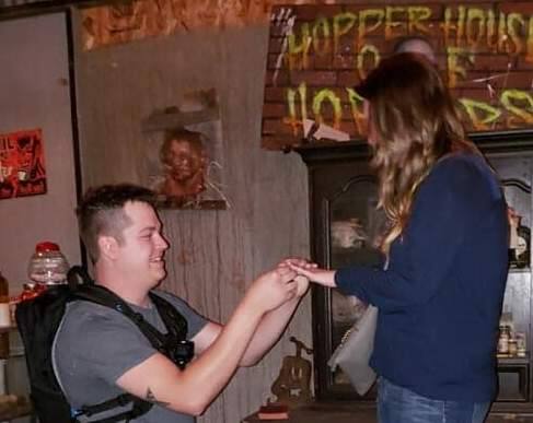 Kevin Fisher proposed to Catherine Mote Oct. 27 at the Blind Scream haunted house setup in Rohnert Park. The Santa Rosa couple had one of their first dates there. (Rachel Anderson)