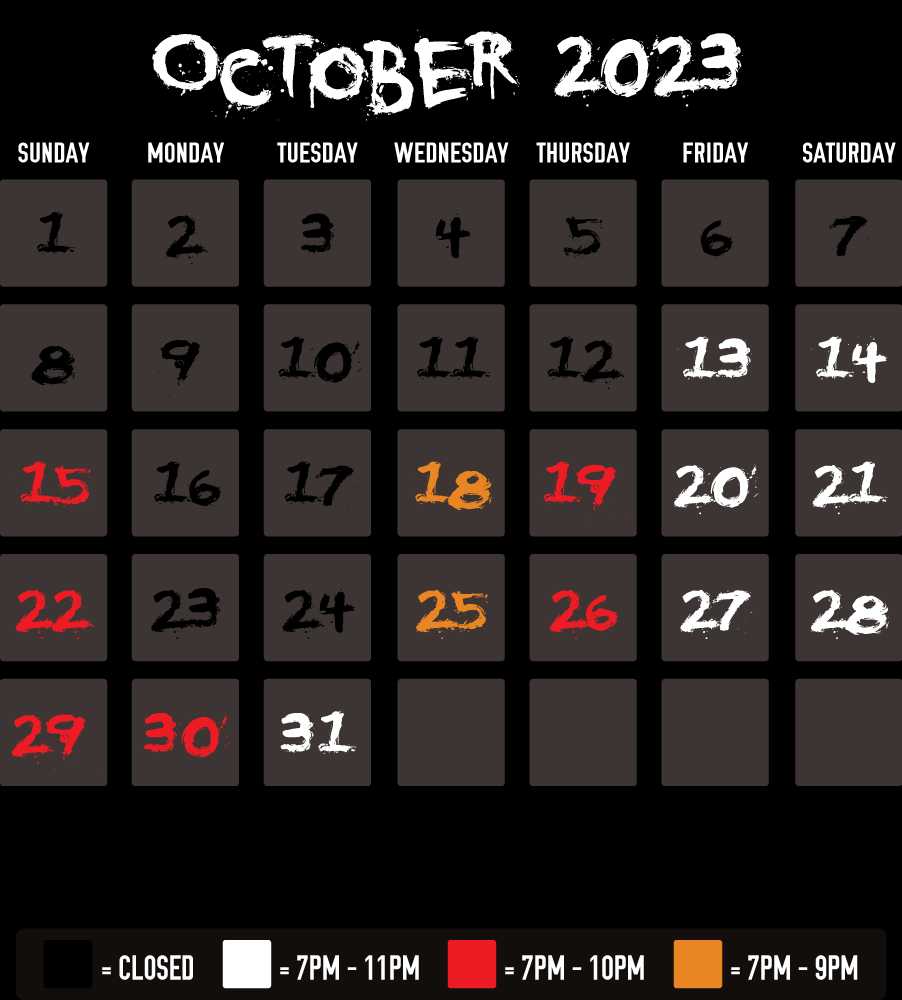 Blind Scream October 2023 Calendar